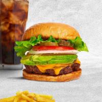 Call Me Cado Burger · American beef patty topped with avocado, melted cheese, lettuce, tomato, onion, and pickles.