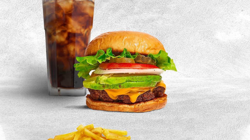 Call Me Cado Burger · American beef patty topped with avocado, melted cheese, lettuce, tomato, onion, and pickles.