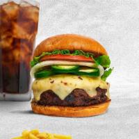 Oh No Jalapeno Burger  · American beef patty topped with melted cheese, jalapenos, lettuce, tomato, onion, and pickles.
