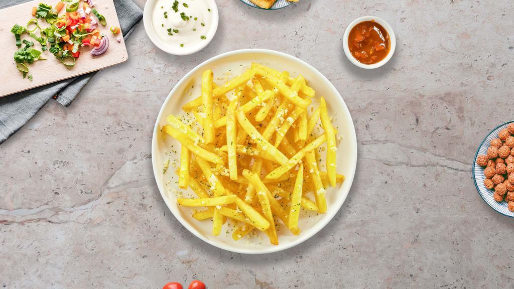 Cheesy Fries Fries Baby · (Vegetarian) Idaho potato fries cooked until golden brown and garnished with salt and melted cheddar cheese.