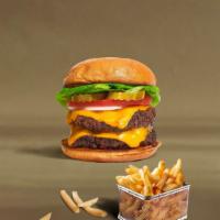 Double The Dice Burger  · Two American beef patties topped with melted cheese, lettuce, tomato, onion, and pickles.