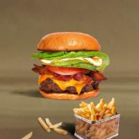 Morning Monster Burger  · American beef patty topped with bacon, fried egg, avocado, melted cheese, lettuce, tomato, o...