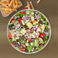 When In Greece Salad  · (Vegetarian) Romaine lettuce, cucumbers, tomatoes, red onions, olives, and feta cheese tosse...