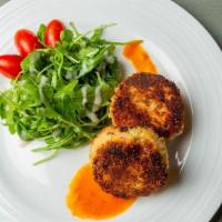 Crab Cake · two pieces, roasted grape tomato sauce, baby mixed greens