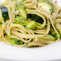 Pasta Primavera · Fettuccini with zucchini, asparagus, organic peas, pesto sauce.