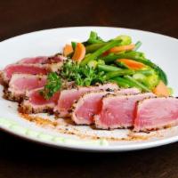 Yellow Fin Tuna · spiced sesame seed crust, mixed vegetables, wasabi aioli