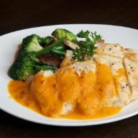 Organic Chicken · pan roasted, prosciutto pepper sauce, broccoli, french bean and shiitake mushrooms, mild or ...