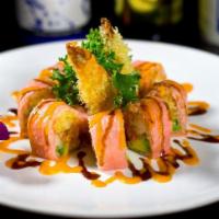 Osaka Roll · Shrimp tempura, spicy tuna, avocado inside, wrapped w. soybean.