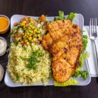Grilled Chicken Platter · Served with fresh salad and fries or rice made with herbs and bean.