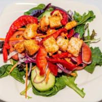 Tri-Color Salad (Side) · Mixed green lettuce, cucumbers, tomatoes, onions, peppers and carrots.