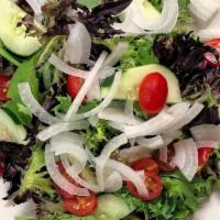 Garden Salad · Simple and Fresh. Mixed greens, tomatoes, onions, and cucumbers tossed in your choice of dre...