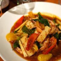 Prig Pow (Roasted Chili Curry) · Your choice of chicken, shrimp, or tofu sauteed in roasted chili sauce with Bell peppers, Ba...