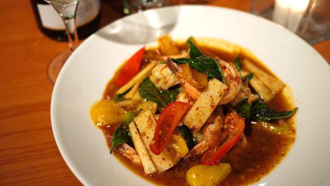 Prig Pow (Roasted Chili Curry) · Your choice of chicken, shrimp, or tofu sauteed in roasted chili sauce with Bell peppers, Bamboo shoot, and coconut milk. Flavored with basil.
