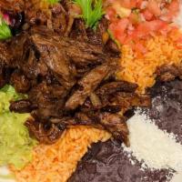 Natural Skirt Steak Salad · Comes with Organic Greens, Honey Lime Dressing, Mexican Red Rice, Black Beans, Guacamole, Pi...