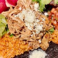 Natural Chicken Salad · Comes with Organic Greens, Honey Lime Dressing, Mexican Red RIce, Black Beans, Guacamole, Pi...