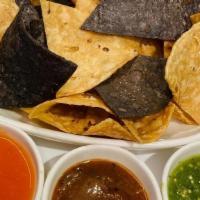 Salsa Trio And Chips · Roasted Tomato, tomatillo and habanero salsas and corn tortilla chips