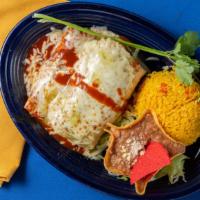 Cheese Enchilada & Beef Burrito Combo · Served with green sauce.