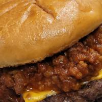 Homemade Chili Burger · Premium short rib burger topped with onion rings, American cheese, homemade chili, and bacon...