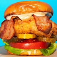 Honey Bacon Chicken Sandwich · Buttermilk fried chicken with hickory smoked brown sugar bacon, lettuce, tomato, b&b pickles...