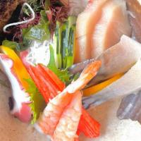 Sunomono · slices of yellowtail, mackerel, octopus, shrimp, crabstick, and cucumber with tosazu sauce