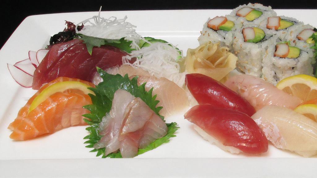 Sushi & Sashimi Combo Deluxe · 10 pcs of sushi and 10 pcs of sashimi with 1 tuna roll and 1 california roll