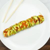 Dragon Roll · Eel cucumber inside green avocado on top with masago & eel sauce on top.
