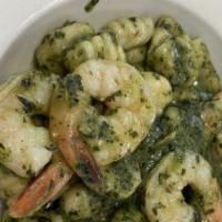 Gnocchi Genovese · Basil pesto & sautéed shrimp.