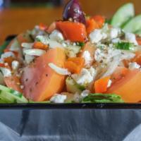 Greek Salad · (lettuce, tomato, cucumber, onions, olives, feta, olive oil, oregano.