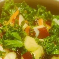 Calypso Kale Salad · Vegan. Apples, Sliced Almonds, Carrots, Dried Cranberries, Scotch Bonnet Vinaigrette.