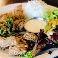 Boom Boom Chicken Plate · Flavorful fried chicken packed with Asian spices , with rice, mix green, and choice of sweet...