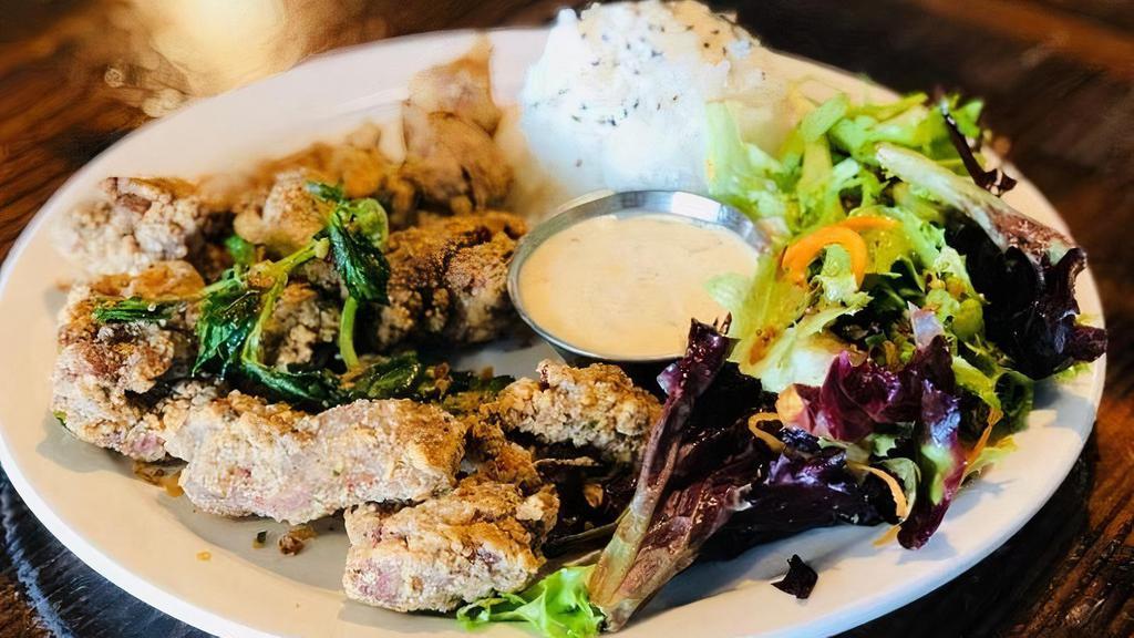 Boom Boom Chicken Plate · Flavorful fried chicken packed with Asian spices , with rice, mix green, and choice of sweet chili aioli or garlic jalapeno aioli sauce.
