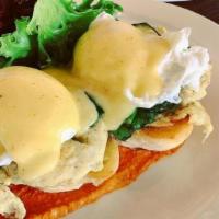 Crab Meat Benedict · crab cake, spinach, poach eggs, romesco sauce, hollandaise sauce, served on french bread, an...