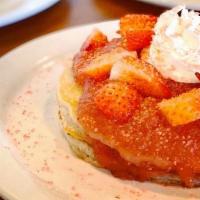 Strawberry Short Cake Pancake · strawberry sauce, crumbles, whipped cream