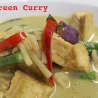 Veg Green Curry · Spicy. Coconut milk, eggplant, and fresh basil.