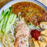 Laksa Noodles · Gluten-free. Our signature dish. Slow-cooked coconut shrimp curry, thick rice noodles, bean ...