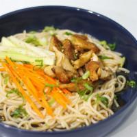 Refreshing Soy Ginger Cold Noodle · Choice of protein, thick rice noodles, soy ginger sauce, garlic, sesame & scallion infused o...
