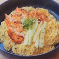 Shrimp Cold Noodle · Seared shrimp (4 pieces), thin rice noodles, spices, lime, thin-sliced cucumber, crispy onio...