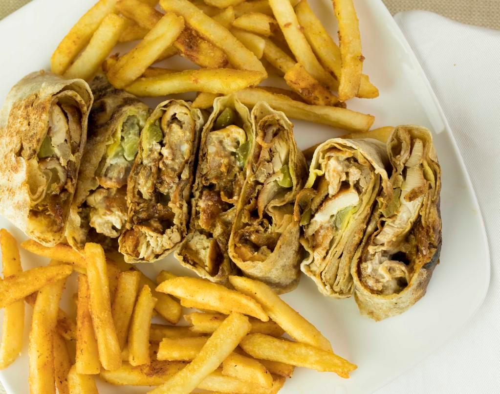 Arabic Chicken Shawarma · Middle Eastern specialty of thinly sliced seasoned chicken, garlic sauce and pickles, wrapped in thin homemade Bedouin bread and cut into pieces. Comes with side of fries, coleslaw, and garlic sauce.