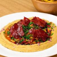 Pastirmali  Hummus · Turkish beef pastrami mix with Hummus   service hot