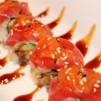 Red Dragon Roll · Shrimp tempura, avocado topped with tuna, and special sauce.