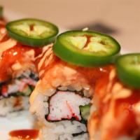 Super Fire Roll · Spicy crab topped with spicy tuna, special spicy sauce, and jalapeno.
