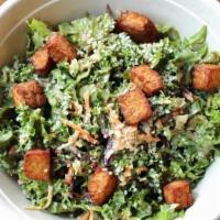 Thai Kale Salad · Kale, shredded cabbage, carrot, tempeh crouton, pepita, thai peanut dressing (Vegan, Contain...