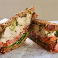 Chicken Salad Sandwich · Watercress, arugula, tomato, pickled onion, basil mayo, sourdough (Gluten-Free Possible)