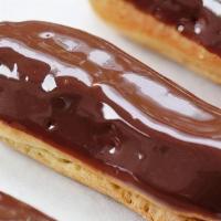 Eclair · Choux dough filled with a cream and topped with chocolate icing.