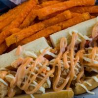 Fried Shrimp Po' Boy · Served with choice of french fries sweet potato fries or cajun fries and also with lettuce t...