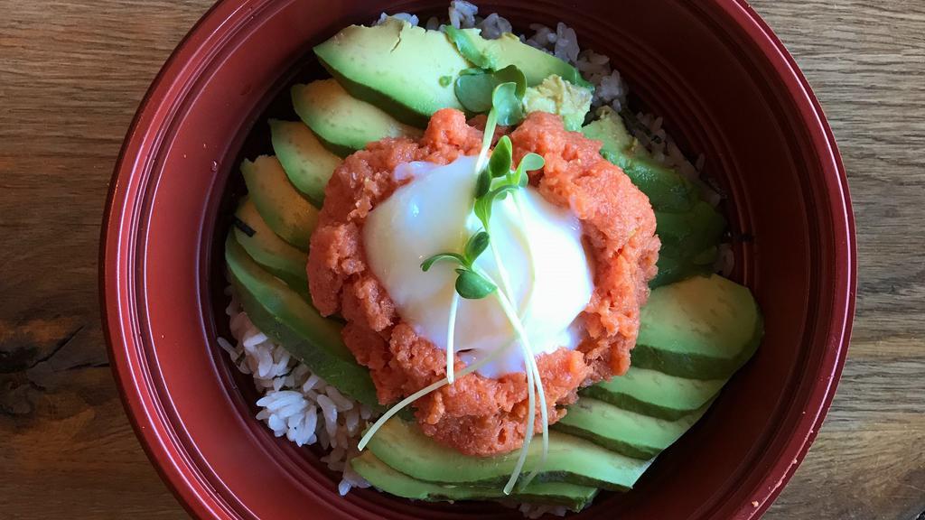 Spicy Tuna Donburi · Tochucha rice topped with spicy tuna, soft boiled egg, avocado, and nori. Spicy.