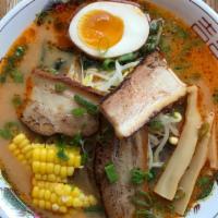 R4_Spicy Miso Ramen · Spicy pork broth with miso, topped with bean sprouts, corn, egg, chashu pork, bamboo shoots,...