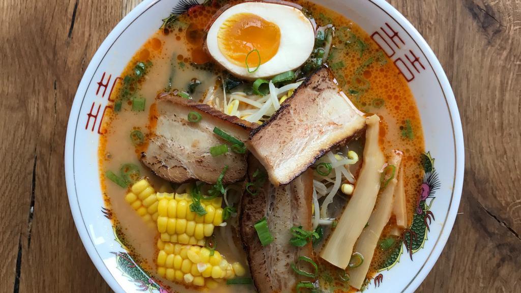 R4_Spicy Miso Ramen · Spicy pork broth with miso, topped with bean sprouts, corn, egg, chashu pork, bamboo shoots, and scallion. Spicy.