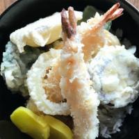 Tempura Donburi · Shrimp, pumpkin, broccoli, mushroom, sweet potato. Served in oversized rice bowls with miso ...