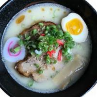 R1_Tonkotsu Ramen · Classic pork broth, topped with egg, chashu pork, bamboo shoots, red ginger, and scallion.
